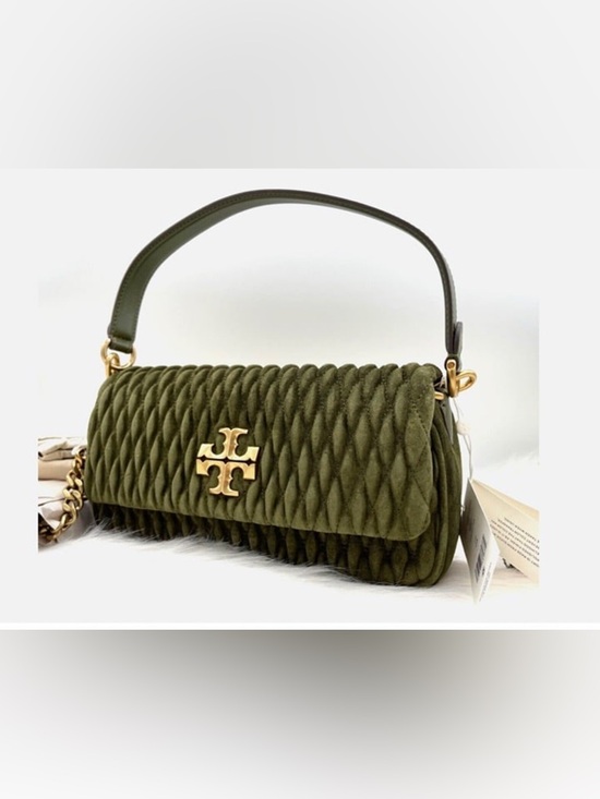 Tory Burch Handbags - Tory Burch Olive Quilted Suede Shoulder Bag with Gold Logo